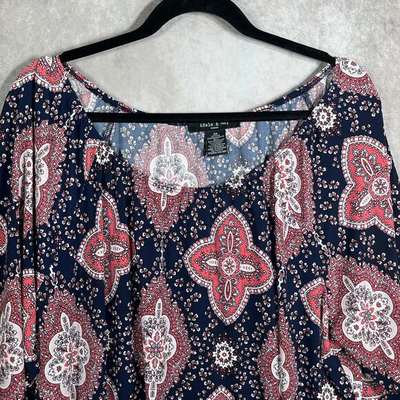 Adele & May Blouse Womens 3X Blue Red Floral Tunic 3/4 Sleeves Casual Boho - Picture 2 of 10